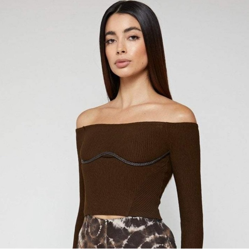 Maniere De Voir Chocolate Ribbed Off Shoulder Crop top.